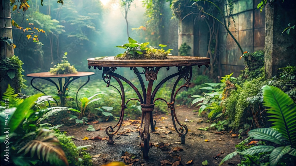 corroded iron table legs amidst overgrown botanicals implying forgotten elegance in misty atmospheric light with warm color grading corroded iron table legs amidst overgrown botanicals implying forgotten elegance in misty atmospheric light with warm color grading