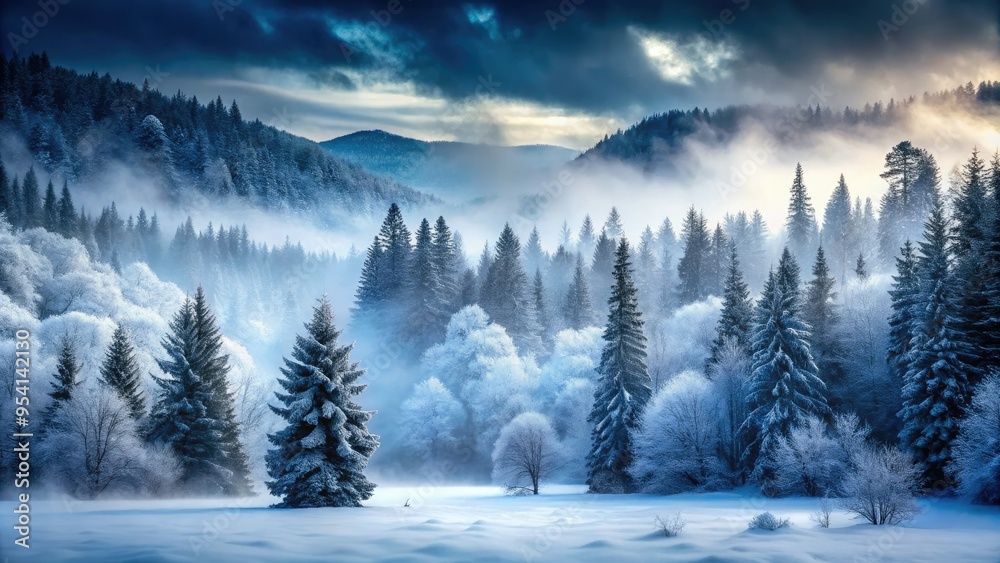 moody mystical winter wonderland frosty mountain forest snowflakes silence quiet contemplation monochrome mist atmosphere misty mist fog cold stillness peaceful New England wilderness