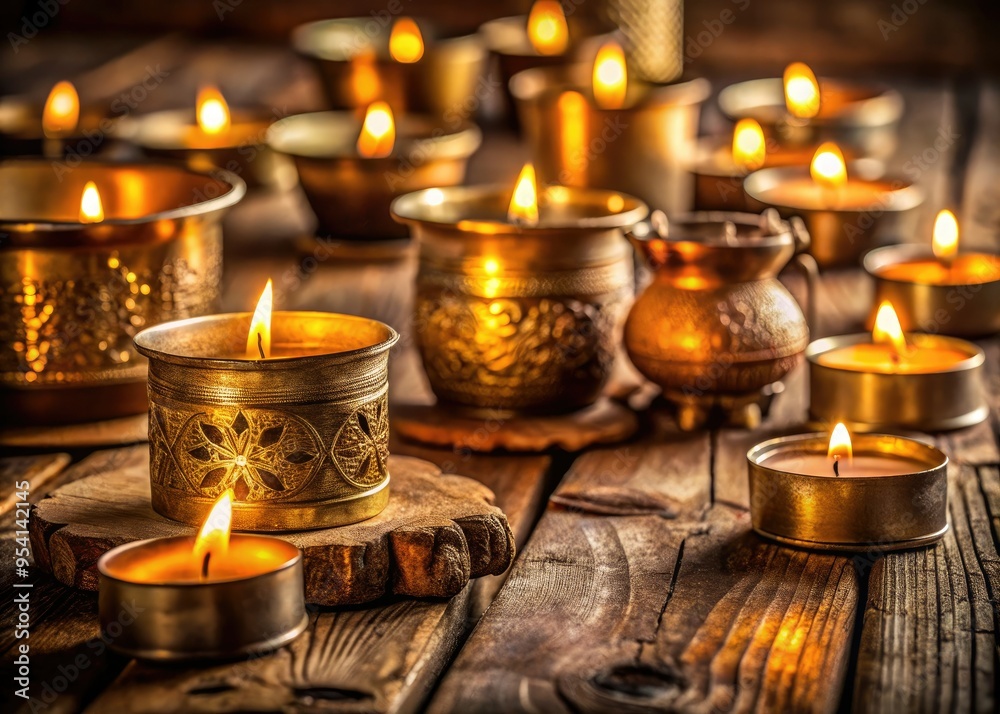 flickering candlelit metalworkings on rustic wooden table capturing ancient craftsmanship in warm golden tones with shallow depth of field flickering candlelit metalworkings on rustic wooden table capturing ancient craftsmanship in warm golden tones with shallow depth of field