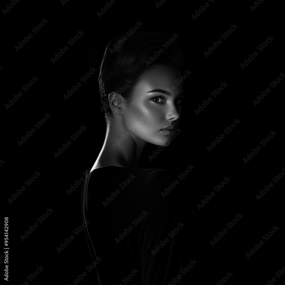 Elegant Black and White Fashion Portrait of a Woman with Dramatic Lighting Elegant Black and White Fashion Portrait of a Woman with Dramatic Lighting