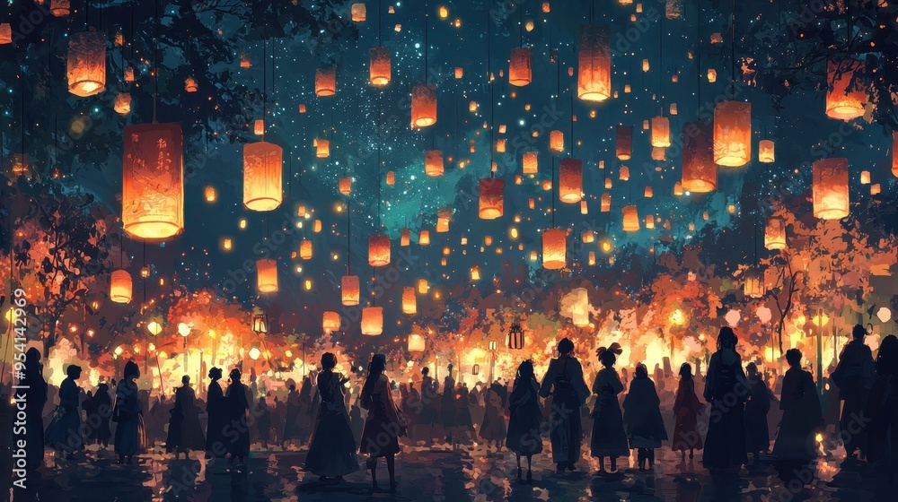 Obraz premium Night Sky Filled With Glowing Lanterns Over Silhouetted Crowd