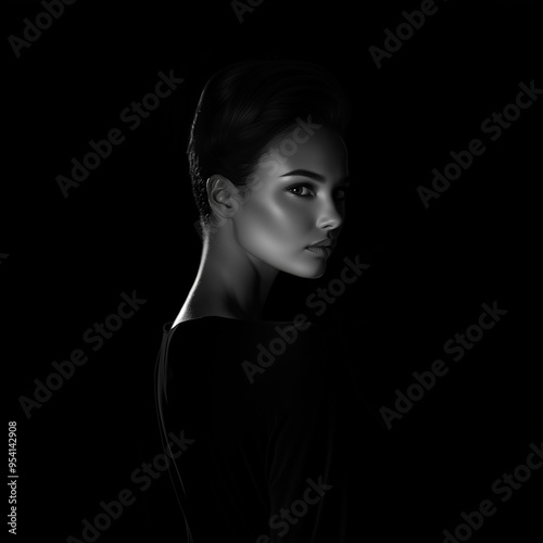 Elegant Black and White Fashion Portrait of a Woman with Dramatic Lighting