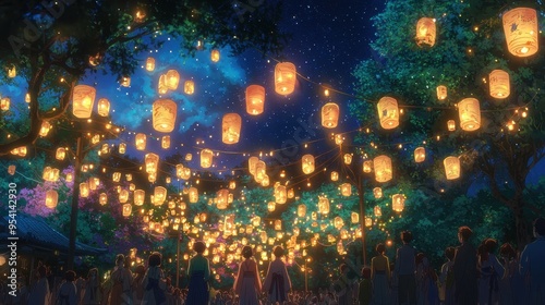 Japanese Lantern Festival Night Sky Illuminated with Lights and People