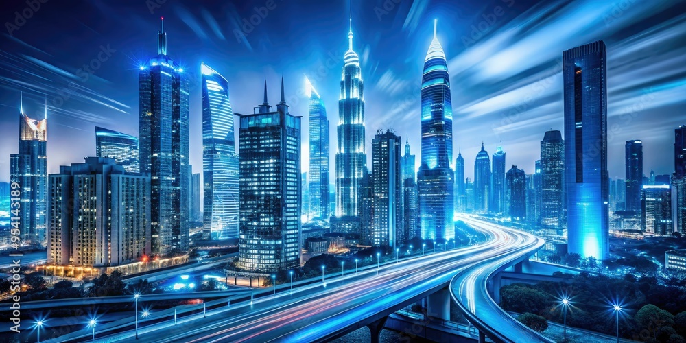 Fototapeta premium Glowing nighttime metropolis with sleek glass skyscrapers, vibrant city lights, long exposure, blurred motion, cool blue tones, futuristic ambiance.
