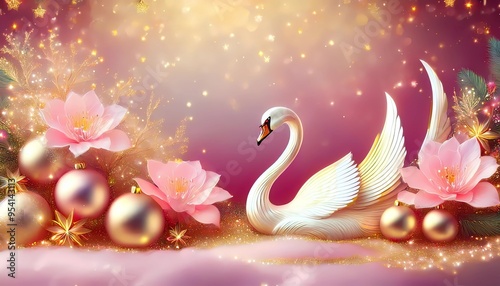 Fototapeta Naklejka Na Ścianę i Meble -  romantic background with Christmas baubles and a swan in pink and gold,