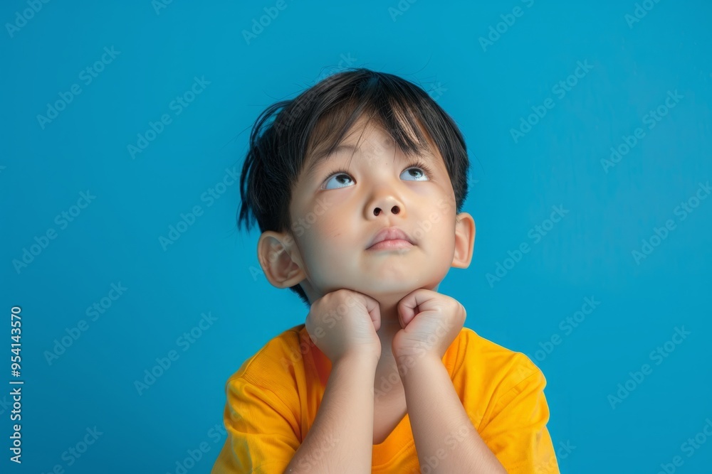 Asian child sitting and thinking over isolated blue background Asian child sitting and thinking over isolated blue background