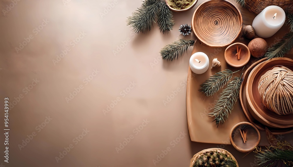 copper and espresso colored Christmas background with Christmas balls, branches, feathers, pearls, boho style, warm colors