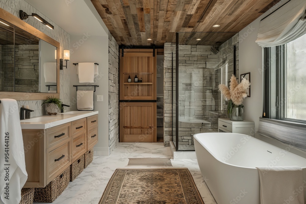 Modern bathroom in a farmhouse with elements of stone and wood. White and gray shades Modern bathroom in a farmhouse with elements of stone and wood. White and gray shades