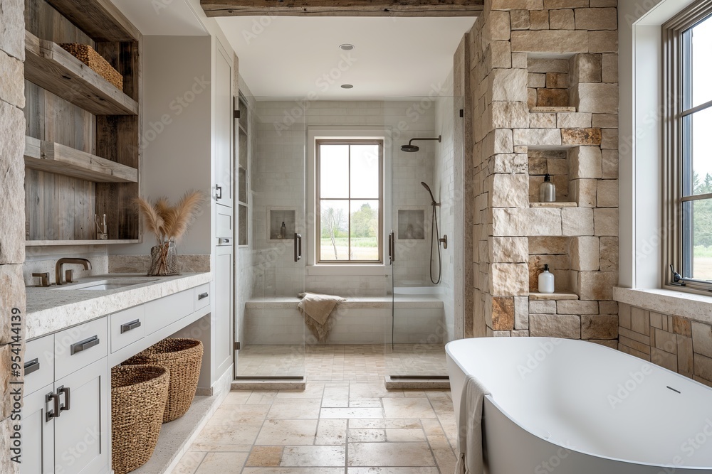 Modern bathroom in a farmhouse with elements of stone and wood. White and gray shades Modern bathroom in a farmhouse with elements of stone and wood. White and gray shades