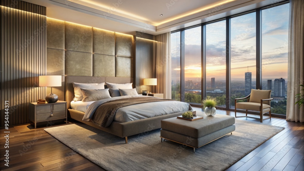 Naklejka premium Luminous morning light pours through floor-to-ceiling windows, illuminating a serene, hyper-realistic bedroom with