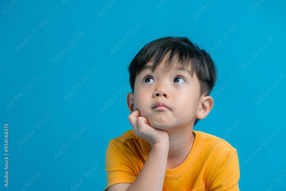 Asian child sitting and thinking over isolated blue background Asian child sitting and thinking over isolated blue background