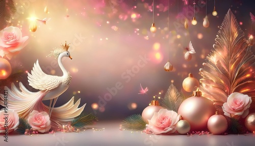 Fototapeta Naklejka Na Ścianę i Meble -  romantic Christmas background in pink, rose and gold with golden glitter particles and a swan