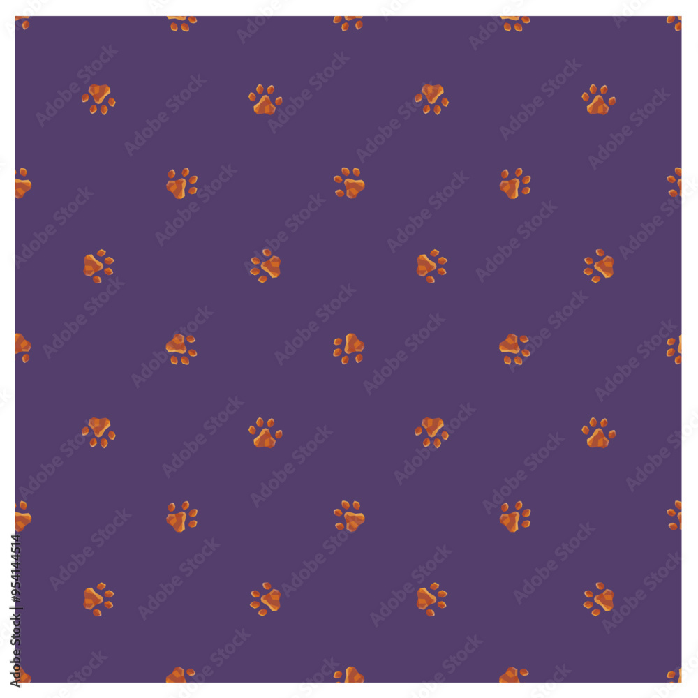 Vector seamless pattern of low poly paw prints on purple background. Vector seamless pattern of low poly paw prints on purple background.