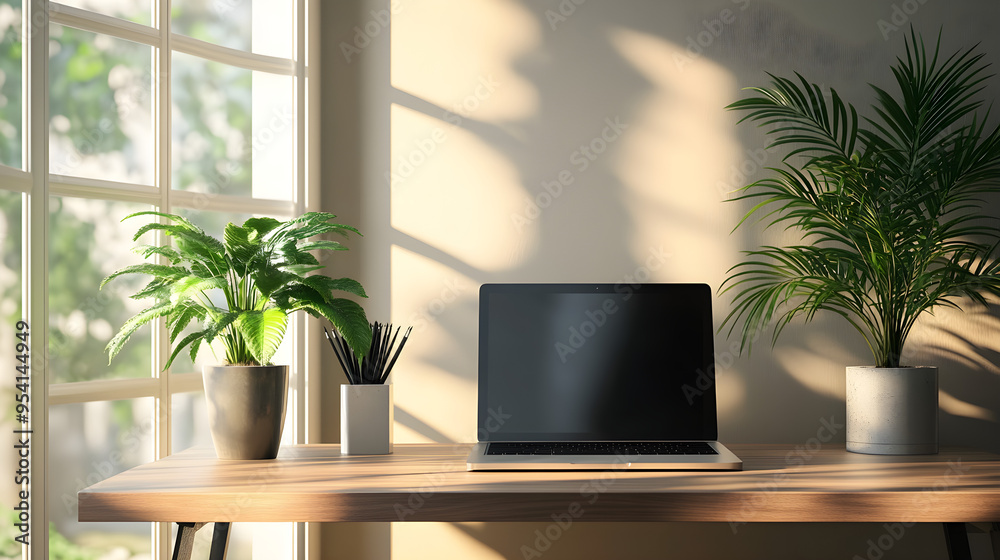 Modern minimalist desk with laptop and computer in a sleek, clutter-free office setting Modern minimalist desk with laptop and computer in a sleek, clutter-free office setting