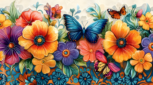 Watercolor Tapestry: Vibrant Flora and Butterflies on Talavera