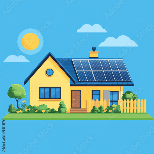 A colorful illustration of a house equipped with solar panels, set against a sunny sky, promoting renewable energy and sustainable living.