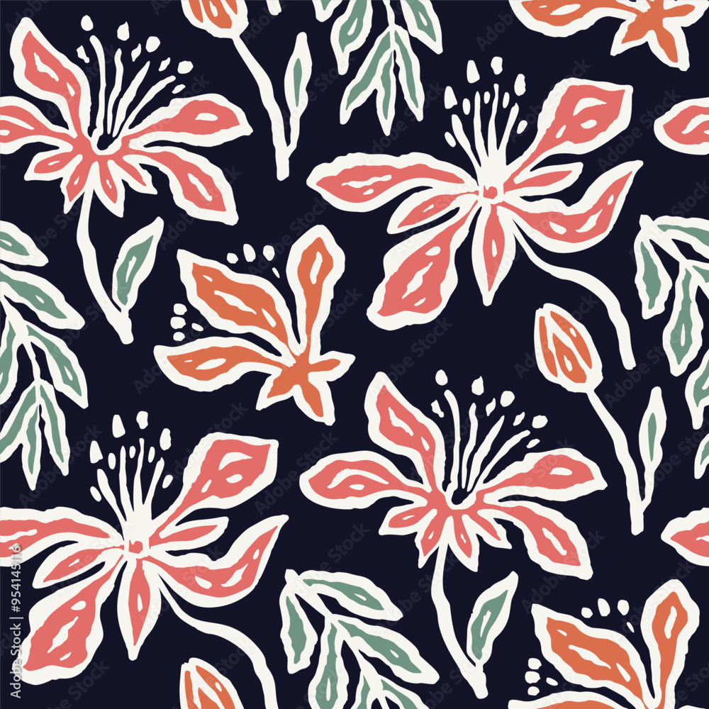 Inky brush strokes floral seamless pattern. Abstract flowers contemporary background.