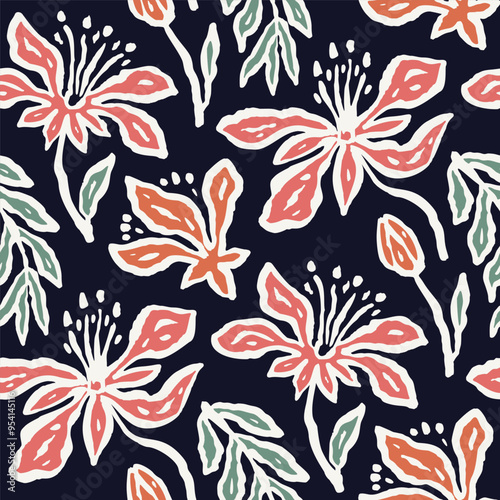 Inky brush strokes floral seamless pattern. Abstract flowers contemporary background.