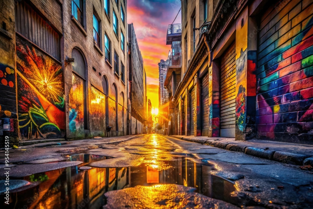 Fototapeta premium gritty urban blur on cracked concrete floor beneath a vibrant street art mural in a bustling city alleyway at dawn