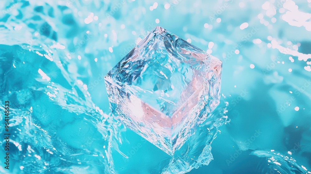 Fototapeta premium Ice Cube Floating in Blue Water with Bubbles