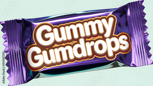 Close-up of a colorful gummy candy wrapper with the word 