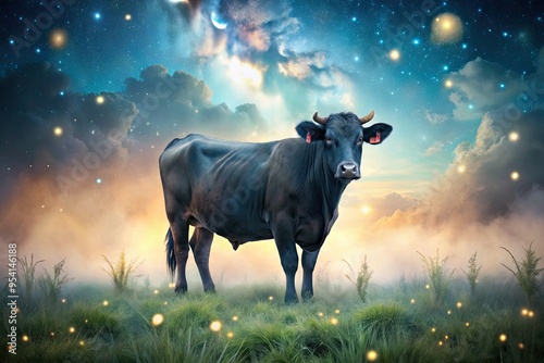 whimsical fantasy magical black angus cow vector illustration dreamy starry night sky twinkling lights soft pastel colors mystical atmosphere gentle warm lighting ethereal ambiance photo