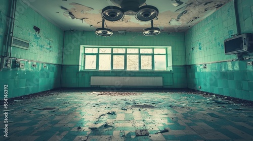 Abandoned Operating Room with Peeling Ceiling and Tiled Walls