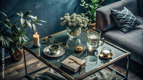 Moody flat lay still life with modern glass table and monochromatic vintage accessories