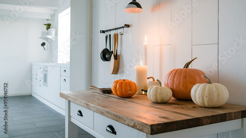 Cozy kitchen island with rustic wooden countertop decorated with pumpkins and candles for a warm and inviting autumn ambiance. 
