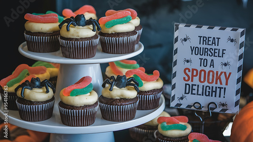 Delicious Halloween cupcakes with spooky decorations, perfect for a festive celebration. 
