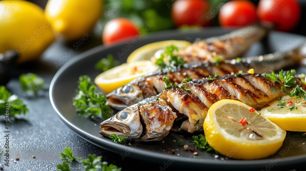 Grilled Mackerel with Lemon and Parsley on a Black Plate Grilled Mackerel with Lemon and Parsley on a Black Plate