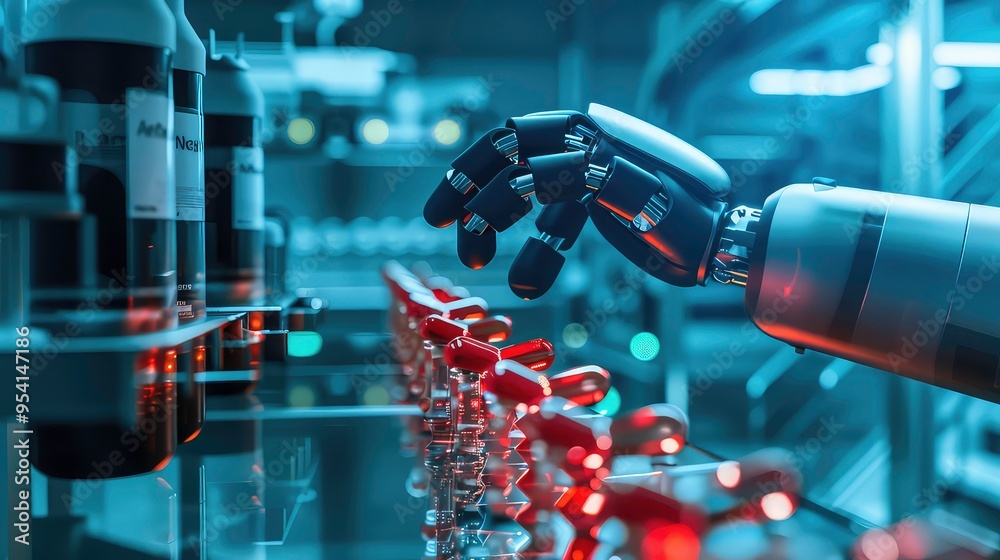 Robotic arm reaching for a row of capsules on a conveyor belt in a futuristic factory setting. Robotic arm reaching for a row of capsules on a conveyor belt in a futuristic factory setting.
