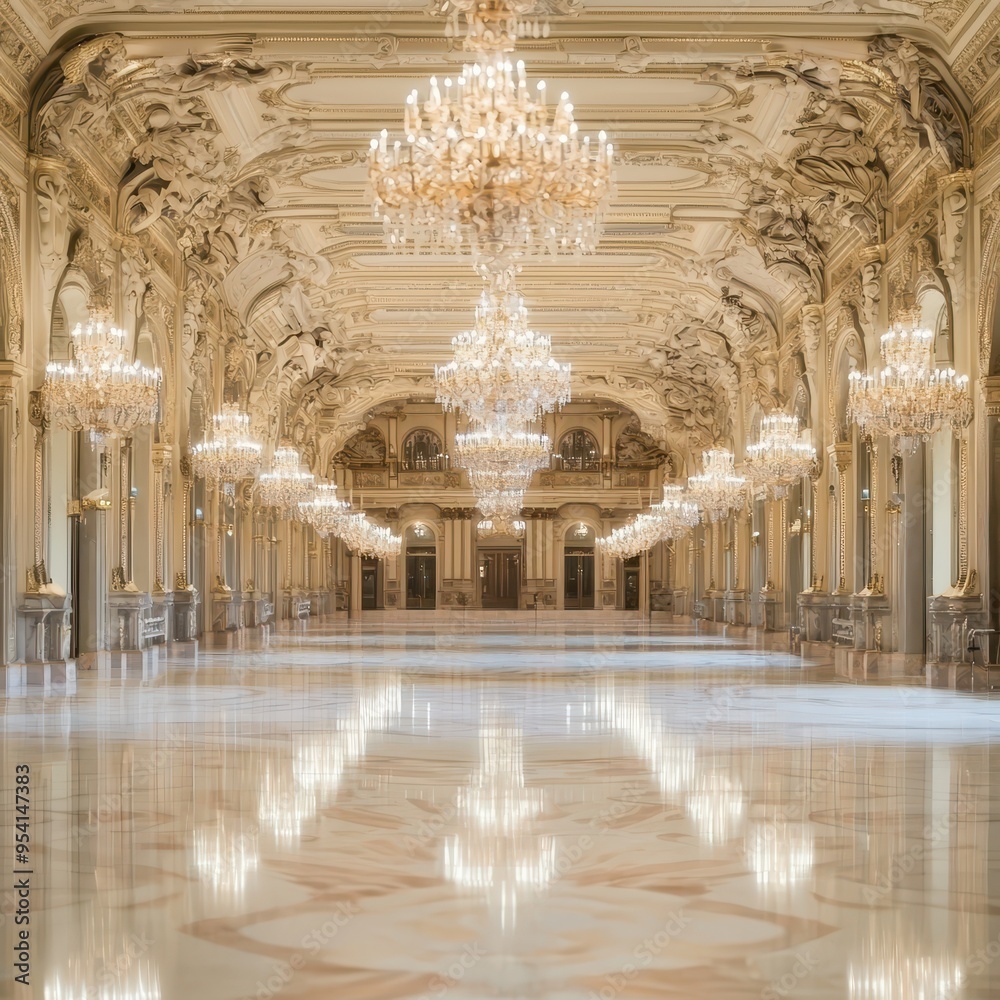 Fototapeta premium Grand Hall Interior With Ornate Chandeliers and Marble Floor