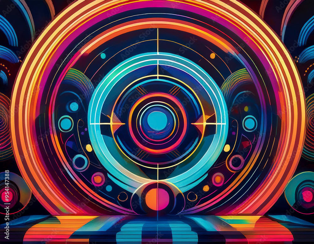 Fototapeta premium Vibrant Neon Circles Glowing Abstract Electric Pattern on Dark Futuristic Background