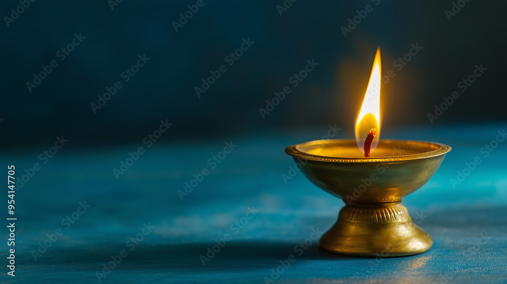 Happy Diwali, Traditional Lit Brass Diya against blue background for Indian Festival Diwali, Copy Space Concept Happy Diwali, Traditional Lit Brass Diya against blue background for Indian Festival Diwali, Copy Space Concept