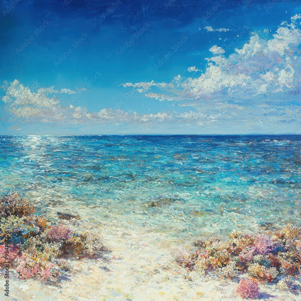 Obraz premium Tropical Ocean Landscape with Coral Reef and Blue Sky
