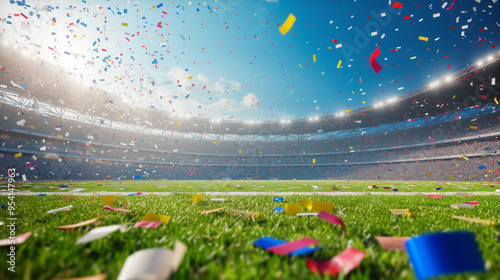 Football stadium background with flying confetti