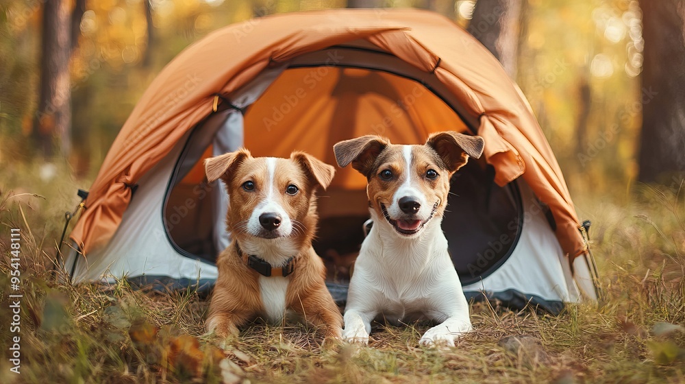 Two dogs in the tent in the forest. travel with your pet. adventure dog Two dogs in the tent in the forest. travel with your pet. adventure dog