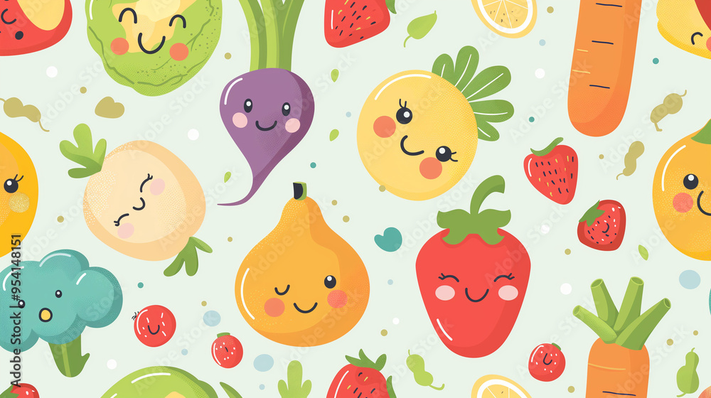 Cute Kawaii Fruit and Vegetables Pattern with Smiling Faces on Light Background Cute Kawaii Fruit and Vegetables Pattern with Smiling Faces on Light Background