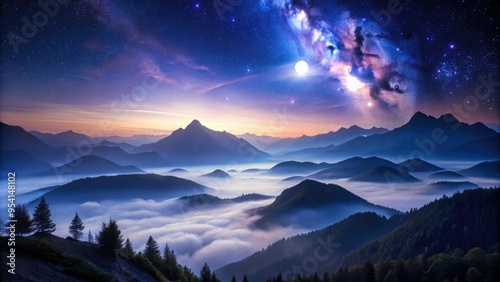 starry night sky dark blues purples silhouetted mountains rugged terrain misty fog rolling hills moonlit landscape serene peaceful atmosphere ethereal magic