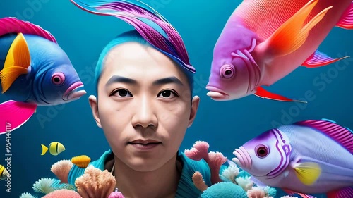 Man with Colorful Fish on His Head, Whimsical Underwater Scene