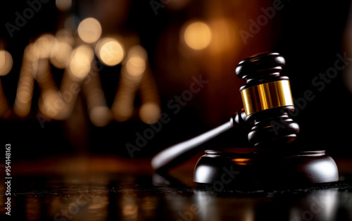 A close-up of a wooden gavel symbolizing justice, law, and authority on a blurred background, perfect for legal themes. photo