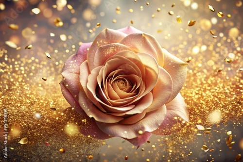 Luxurious rose and gold glittering confetti explodes in a mesmerizing burst, scattering shimmering fragments against a photo