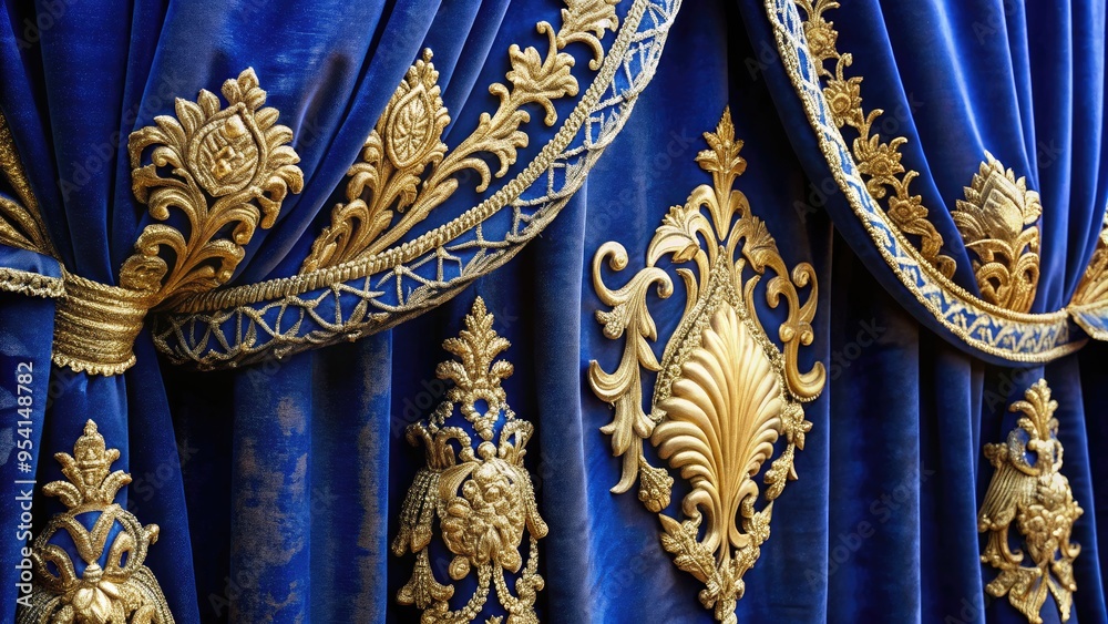 Luxurious velvet drapes adorned with intricate gold embroidery cascade elegantly, showcasing the richness of dark royal blue, evoking feelings of sophistication and opulence. Luxurious velvet drapes adorned with intricate gold embroidery cascade elegantly, showcasing the richness of dark royal blue, evoking feelings of sophistication and opulence.