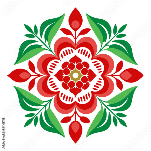 Symmetric Block Print Design with Floral  Motifs Vector Illustration Art