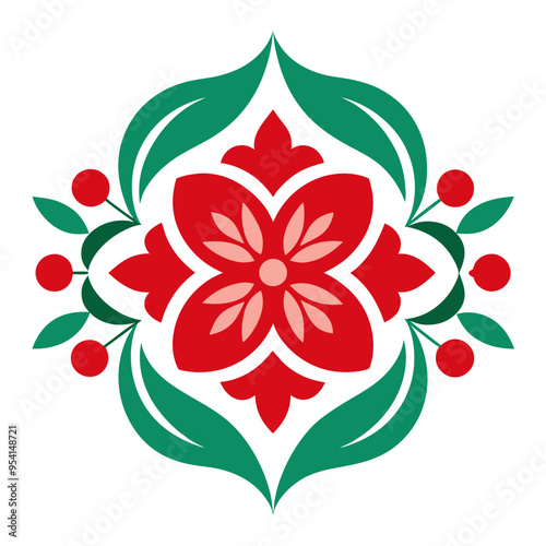 Symmetric Block Print Design with Floral  Motifs Vector Illustration Art