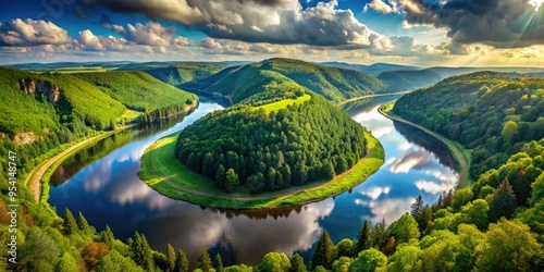 Vivid saale river panorama with lush green forests, crystal-clear water, and sweeping curves, showcasing majestic grandeur in sweeping, epic landscape photography.