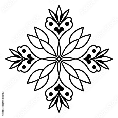 Symmetric Block Print Design with Floral  Motifs Vector Illustration Art