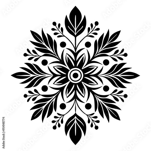 Symmetric Block Print Design with Floral  Motifs Vector Illustration Art