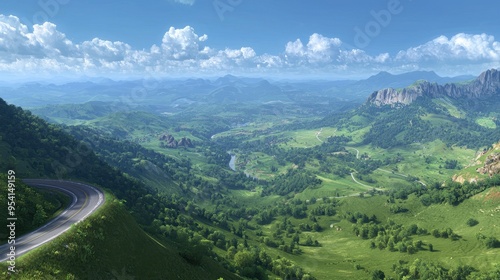 Winding Road Through Green Mountains with River and Blue Sky